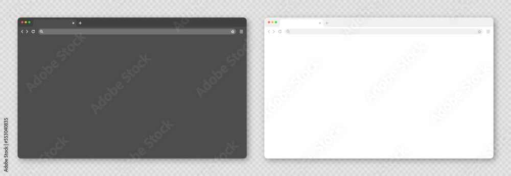 Blank web browser window with tab, toolbar and search field. Modern website, internet page in flat style. Browser mockup for computer, tablet and smartphone. Light and dark mode. Vector illustration - obrazy, fototapety, plakaty 