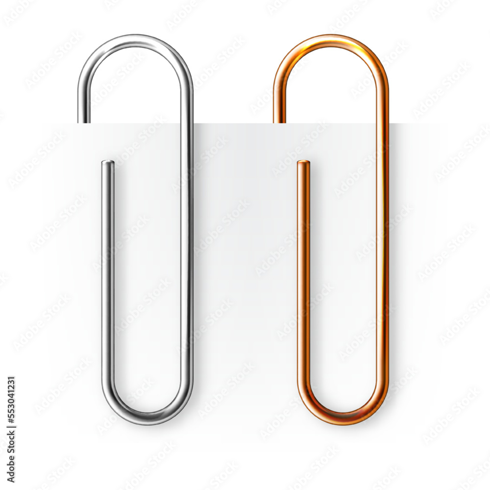 Realistic copper and steel paperclips attached to paper isolated on white background. Shiny metal paper clip, page holder, binder. Workplace office supplies. Vector illustration Realistic copper and steel paperclips attached to paper isolated on white background. Shiny metal paper clip, page holder, binder. Workplace office supplies. Vector illustration
