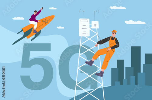 5G technology people. High speed internet. WiFi transmitter. Wireless telecommunication. Mobile network. Cellular communication. Worker building tower. User on rocket. Vector concept