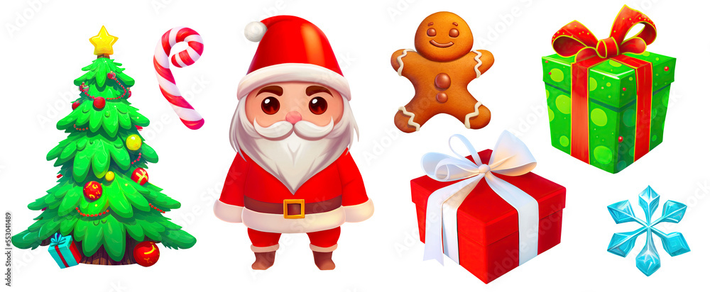 Christmas cut out objects. Collection of cartoon illustrations (decorated tree, Santa, sweets, gifts and snowflake) isolated on white background Christmas cut out objects. Collection of cartoon illustrations (decorated tree, Santa, sweets, gifts and snowflake) isolated on white background