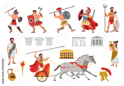 Ancient Rome objects and warriors. Cartoon gladiator characters. Greek soldiers on chariot. People in armors. Architectural elements. Fighter with spears and axes. Splendid vector set photo