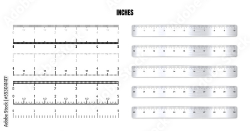 Realistic metal rulers with black inch scale for measuring length or height. Various measurement scales with divisions. Ruler, tape measure marks, size indicators. Vector illustration