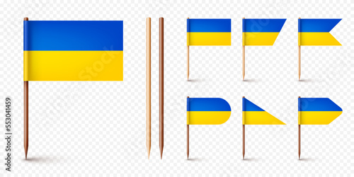Realistic various Ukrainian toothpick flags. Souvenir from Ukraine. Wooden toothpicks with paper flag. Location mark, map pointer. Blank mockup for advertising and promotions. Vector illustration