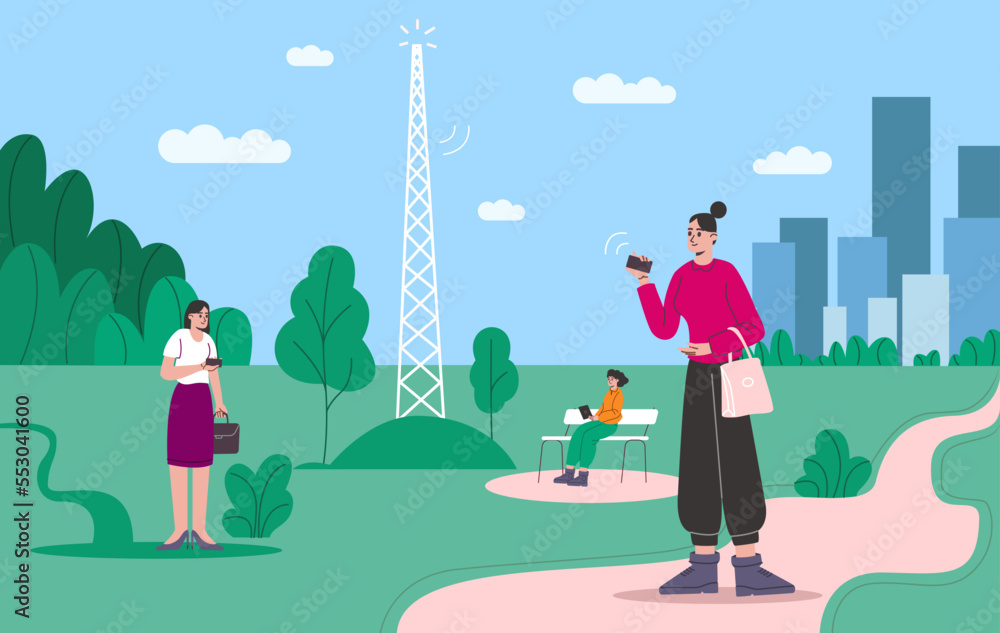 Cartoon people use wireless 5G in park. High speed internet. Network communication. Digital technologies. Mobile connection. Telecommunication antenna. Cellular broadcast. Vector concept Cartoon people use wireless 5G in park. High speed internet. Network communication. Digital technologies. Mobile connection. Telecommunication antenna. Cellular broadcast. Vector concept