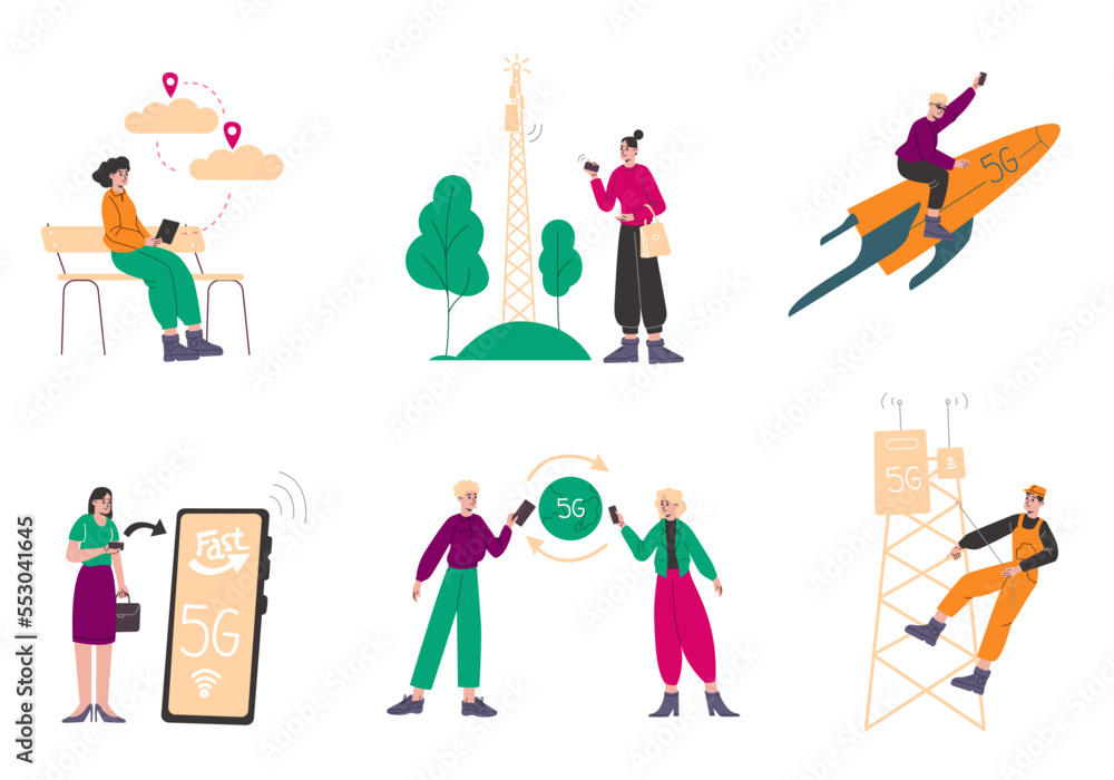 Cartoon people using 5G. High speed communications. Mobile network. WiFi technologies. Transmitter towers. Wireless telecommunication. Cellular broadcast. Vector internet connection set