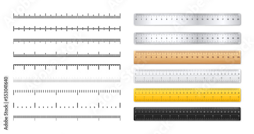 Realistic metal and plastic rulers. Measurement scales with divisions. Scale for measuring length or height in centimeters, inches. Ruler, tape measure marks, size indicators. Vector illustration
