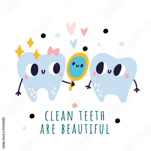 Children dentistry banner. Cartoon teeth characters. Everyday oral hygiene steps. Molars look at mirror. Mascots with funny faces. Stomatology and dental care. Vector kids educational card