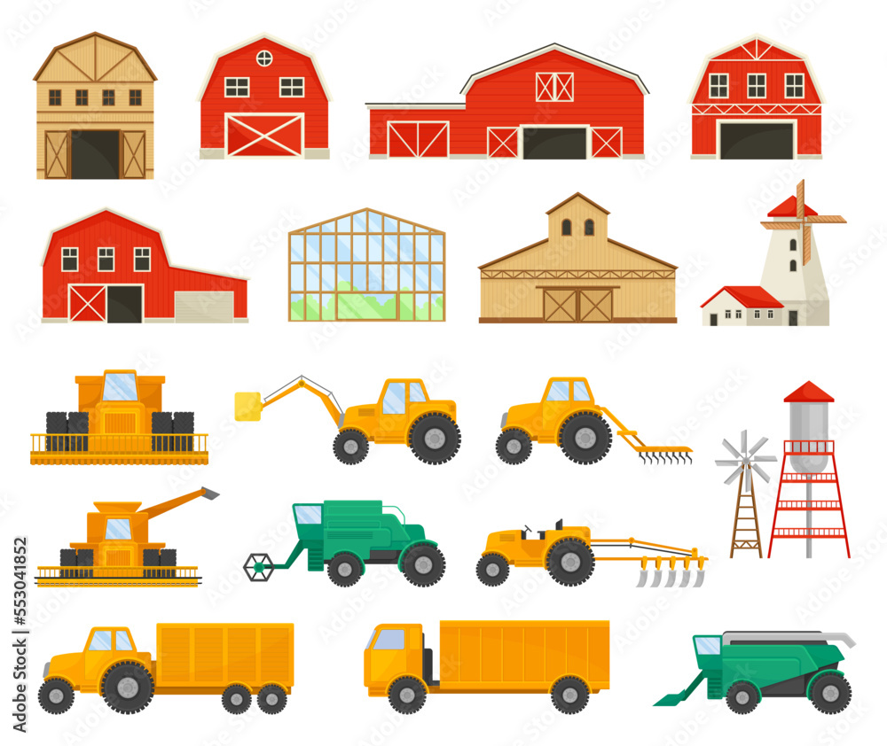 Farm Building and Agronomy Transport with Timbered Red Barn or Granary and Machinery Big Vector Set