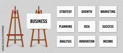 Realistic paint desk with text on white canvas. Wooden easel and a sheet of drawing paper. Presentation board on a tripod. Business investment, economics and finance. Vector illustration