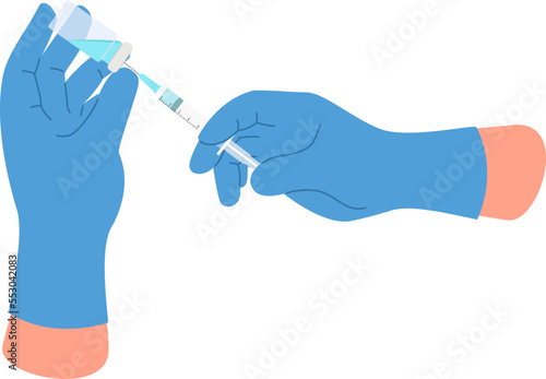 Medical hands with vaccine ampoule and syringe. Injection preparation icon