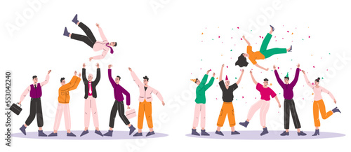 People tossing up. Happy friends throw birthday girl into air. Business workers team congratulates. Employees victory celebration. Winner honoring. Vector cheerful persons groups set