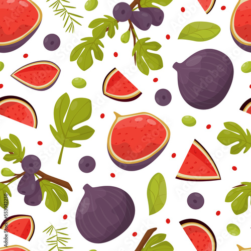 Fig Food Seamless Pattern Design with Ripe Fruit with Purple Skin Vector Template