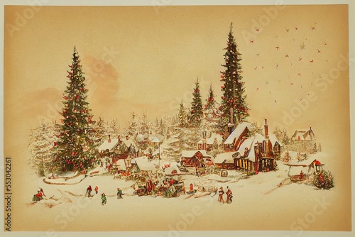 Vintage Merry Christmas postcard with a winter landscape, snowy background, people enjoying, celebrating holiday. christmas tree, toys and decorations. Ilusstration for advertising.