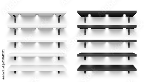 Realistic store shelves with wall mount and lighting, spotlights. Empty product shelf, grocery wall rack. Mall and supermarket furniture, bookshelf. Modern interior design. Vector illustration