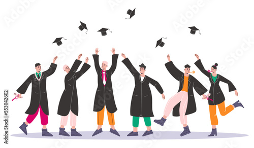Tossing caps in air. College graduates throw up academic caps. Students ending education. Certified specialists in robes. University graduation. People team congratulation. Vector concept