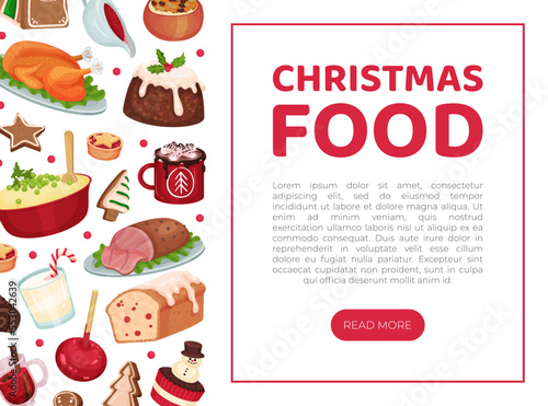 Christmas Festive Food Design with Dishes for Winter Holiday Meal Vector Template