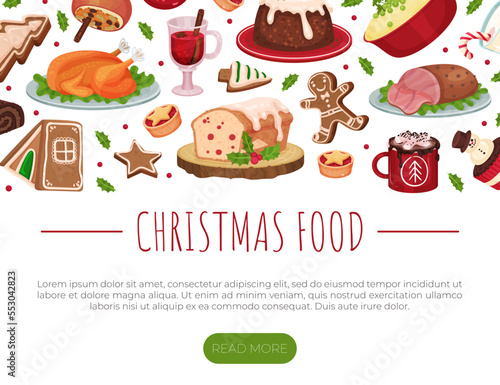 Christmas Festive Food Design with Dishes for Winter Holiday Meal Vector Template