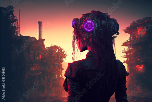 illustration of a woman cyborg or humanoid character with futuristic background	
 photo