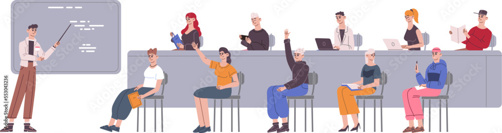 Students auditorium. Teenager participation in university lesson, college boring lecture hall or school exam, linguistics teacher presentation learning, recent vector illustration