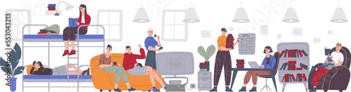 Student hostel. Students accommodation in university apartment, teens roommate studying laptop or rest sitting on bed college dorm, academic vacation, recent vector illustration