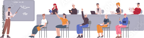 Students auditorium. Teenager participation in university lesson, college boring lecture hall or school exam, linguistics teacher presentation learning, recent vector illustration