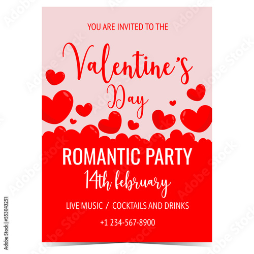 Valentine's Day invitation card, invite banner or poster for romantic party, love show, dance evening or disco night on February 14 with cloud of red inflatable balloon hearts. Vector illustration.