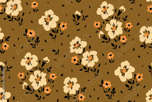 Seamless floral pattern, romantic ditsy print with small hand drawn flowers, tiny leaves in liberty arrangement. Cute flower background design with vintage motif. Vector botanical illustration.