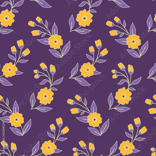 Seamless floral pattern with decorative art branches in vintage style. Simple botanical design with hand drawn plants  small flowers on branches  large leaves on purple background. Vector illustration