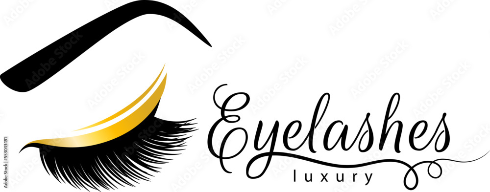 Obraz premium Eyelash extension icon for beauty salon, lash extensions maker. Makeup with gold glitter and fluffy eyelashes. Long black lashes vector illustration