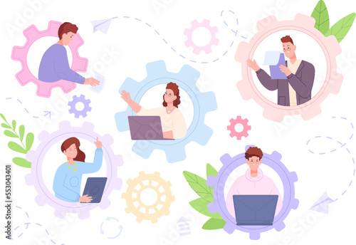 Dedicated developers. People enterprise dedication, mechanical gear teamwork communication, curiosity professional development managers effort working concept vector illustration