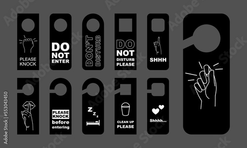 Different door handle hanger set. Room hotel hanger sign icons collection template isolated. Labels on hostel room door vector illustration