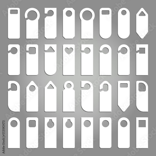 Door handle hanger set. Do not disturb room hotel sign icons collection. Different labels on hostel room door illustration. White empty hangers vector template isolated