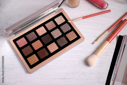 Eye shadow palette with makeup brushes, lifestyle stagging photo