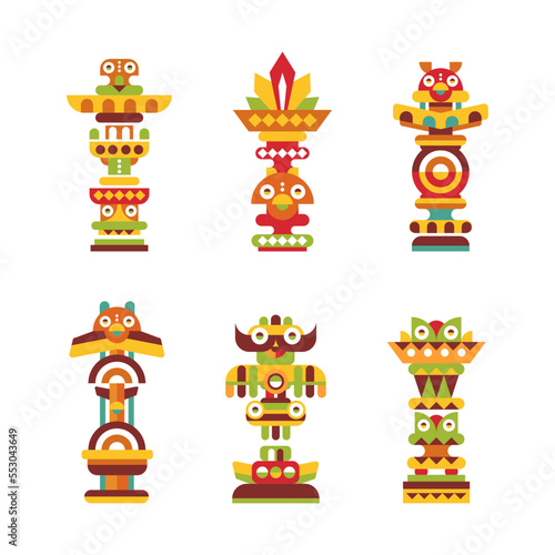Totem Pole as Monumental Carving with Figures Vector Set