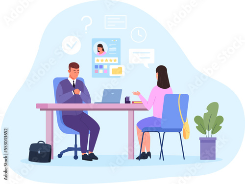 Interview 2 managers. HR recruitment, businessman interviewing salesman employee, job conversation or negotiation prepare question two manager in office table vector illustration