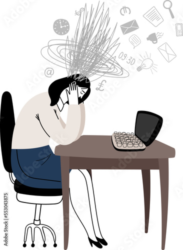 Tired woman at the workplace with a bunch of confusing thoughts and tasks in his head. Office worker sits at the table and holds himself with his hands behind his head
