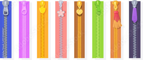 Colored zippers. Cartoon colorful zipper, silver metallic blue yellow red color fashion fastener, lock zip clothes fashionable metal puller clothing design neat vector illustration