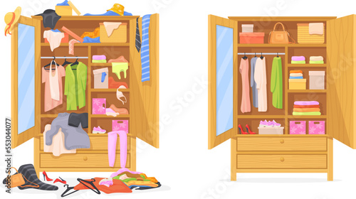 Messy wardrobe. Cleaning throwing things home closet, organize clothing order before mess dress cupboard, untidy lifestyle concept clutter clothes cartoon neat vector illustration