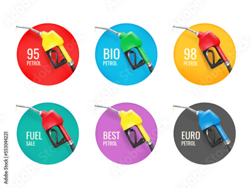 Fuel fill cards. Petrol gun or gas pump nozzle for fueling card gift coupon gasoline station label auto service, oil price diesel vehicle car tag concept tidy vector illustration