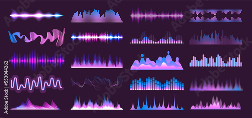 Spectrum soundwaves. Audio frequency soundwave, stereo voice amplitude electronic graphic equalizer music track volume sound pulse wave different form ingenious vector illustration