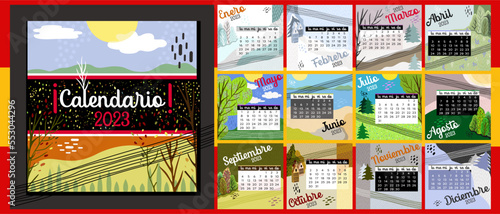 Calendar 2023 in spanish language. Colorful monthly calendar with various landscapes. Cover and 12 monthly pages. Week starts on Monday, vector illustration. Square pages. photo