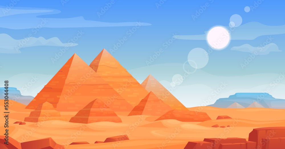 Ancient pyramids landscape. Egypt pyramid landscape in saqara desert, giza plateau panoramic scenery cairo landmark background ancient architecture, ingenious vector illustration