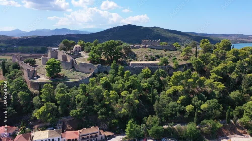 Aerial drone video of iconic medieval castle in picturesque city of Vonitsa, Amvrakikos bay, Aitoloakarnania, Greece Aerial drone video of iconic medieval castle in picturesque city of Vonitsa, Amvrakikos bay, Aitoloakarnania, Greece