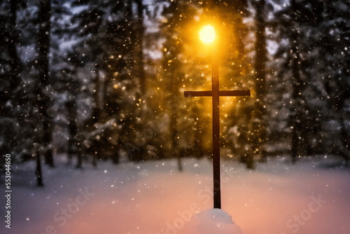 Realistic illustration of Christian cross outdoors in the snow, generative ai