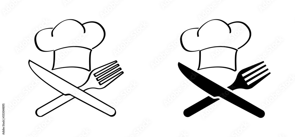 Crossed cutlery, plate, fork and knife. Cartoon chef cap symbol. Kitchen cook or cooking hat. Vector menu logo or icon. Crosswise cutlery symbol. Ready to eat, restaurant, cafe food. Stock Vector | Crossed cutlery, plate, fork and knife. Cartoon chef cap symbol. Kitchen cook or cooking hat. Vector menu logo or icon. Crosswise cutlery symbol. Ready to eat, restaurant, cafe food. Stock Vector |