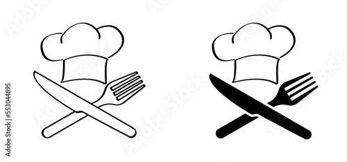 Crossed cutlery, plate, fork and knife. Cartoon chef cap symbol. Kitchen cook or cooking hat. Vector menu logo or icon. Crosswise cutlery symbol. Ready to eat, restaurant, cafe food.