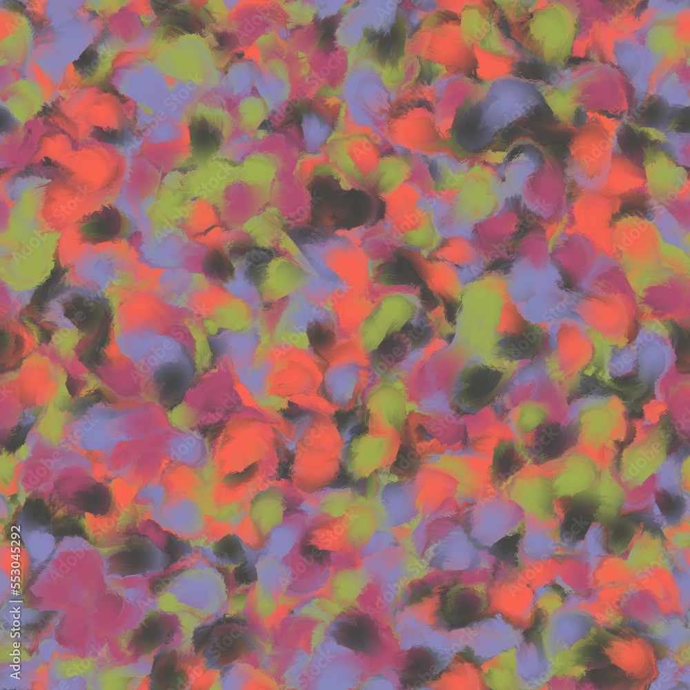 Big orange, purple, green, grey and violet wet brush strokes. Abstract seamless pattern. Bright multicolored background