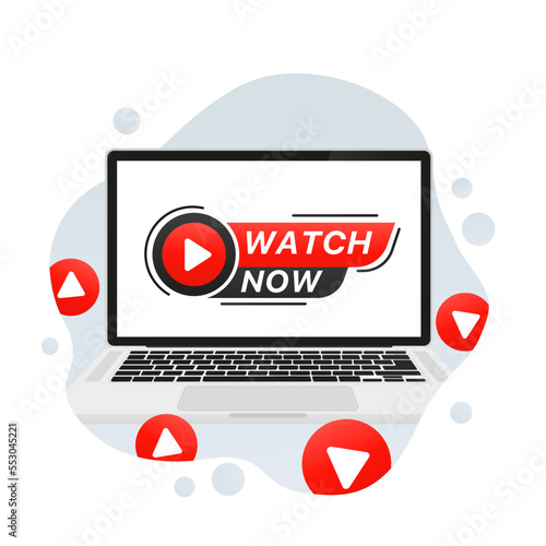 Watch now banner on laptop. Play video. Web media. Online translation in a stylish design. Vector illustration
