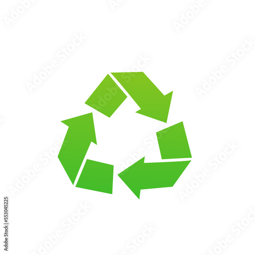 Three green arrows rotate. Treatment of waste that is garbage and undergoes the process of transformation. Produce new materials, ecology, care for the environment. Vector illustration