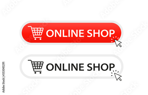 Online shop, red and gray button with shopping cart. Banner for websites. Internet shops. Click here, apply, pointer cursor clicks buttons. Vector illustration